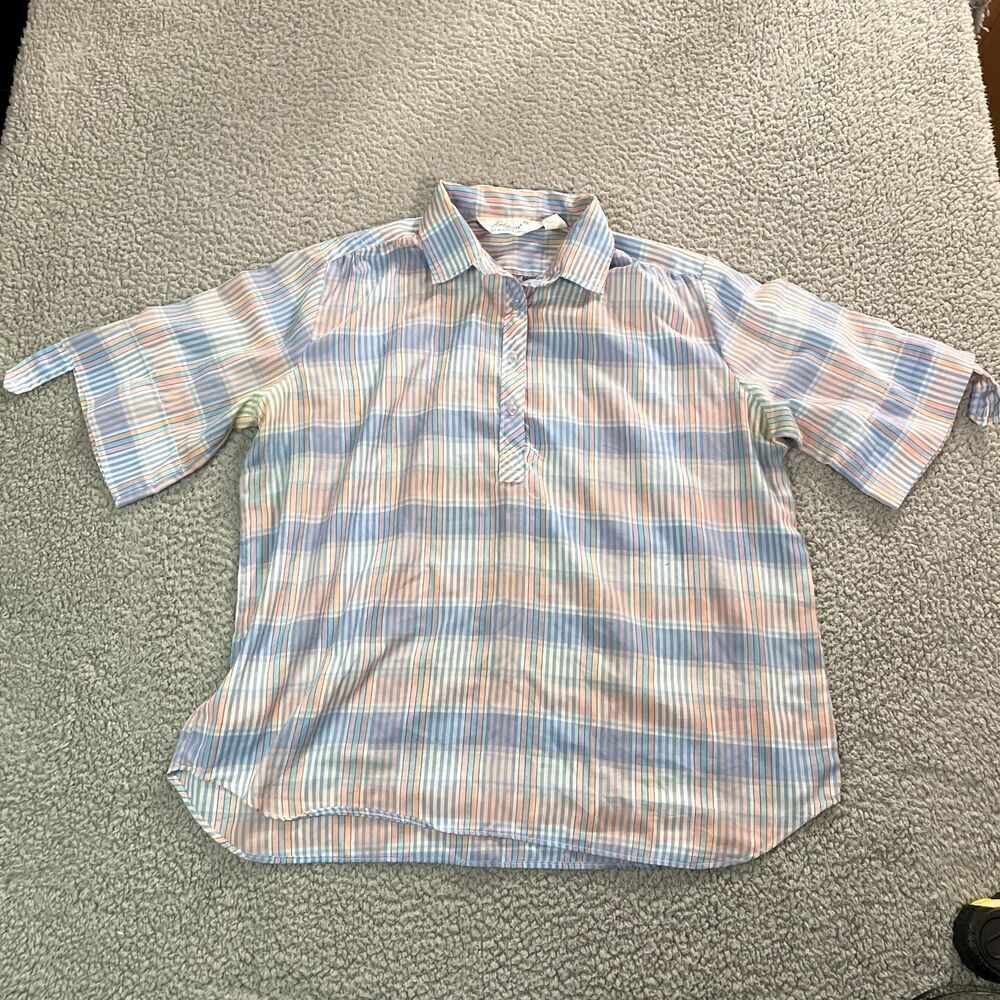 Vintage Amy Barr Button Up Shirt Women's Short Sleeve Roll Up Plaid Blue 42